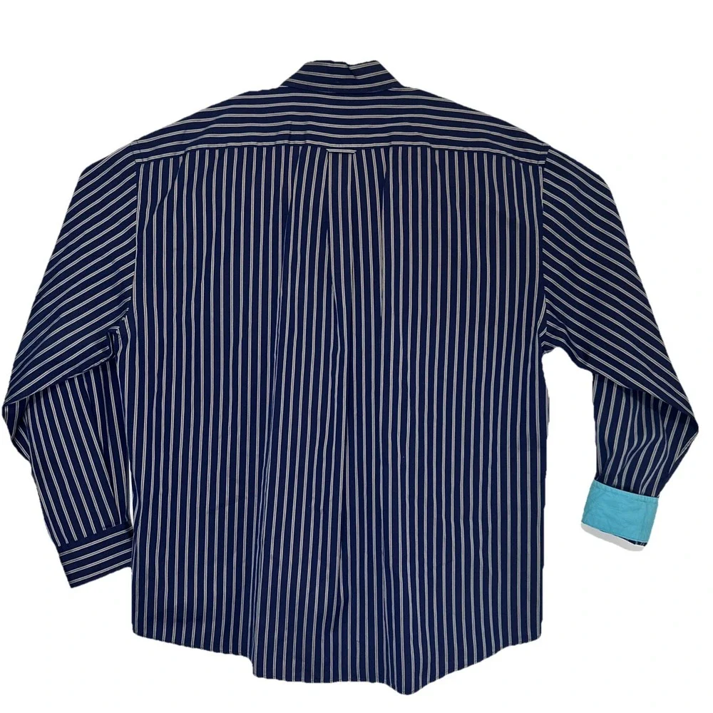 Faconnable Button Down Shirt‎ Men's Size XL Dark Navy Blue & Tan Striped